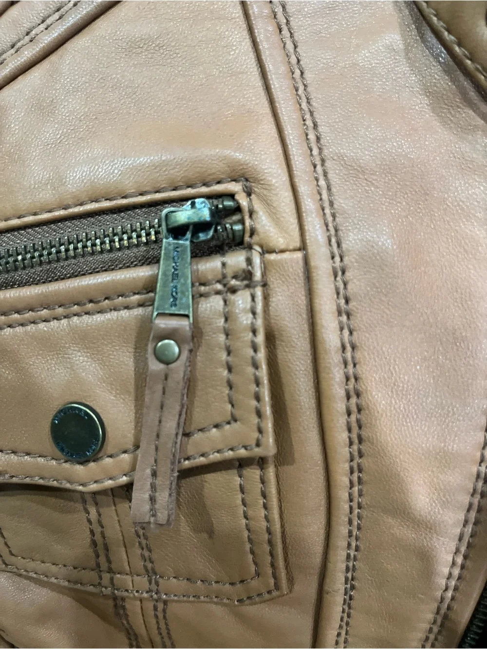 Michael Kors Cognac Leather Moto Jacket with Snap Collar